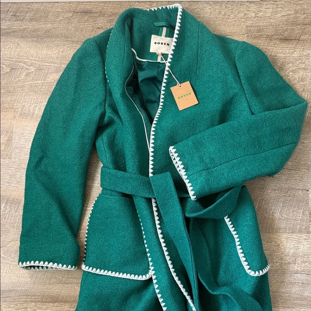 NWT Boden Blanket Stitch Wrap Coat In Alpine Green Size Medium - Picture 1 of 8